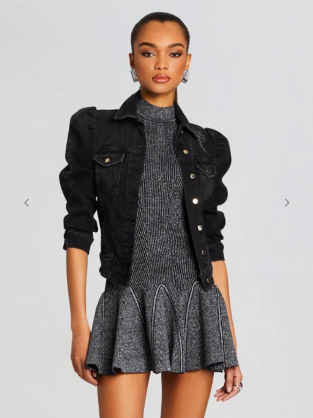 Retrofete Black Distressed Puff Sleeve Denim Jacket (Fits XS)